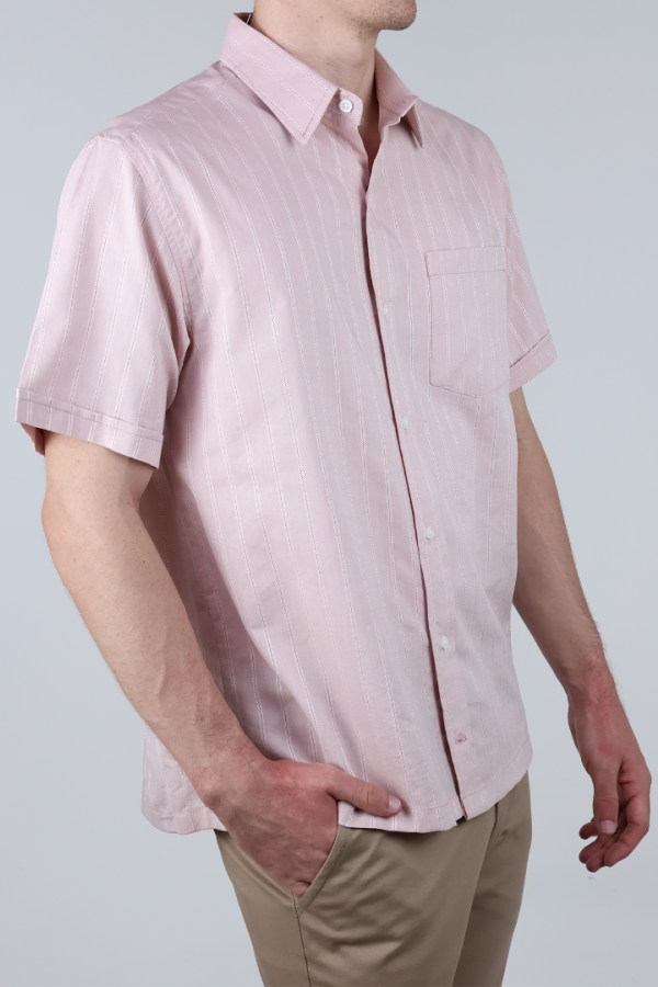Camisa Hombre Manga Corta Palo de Rosa Rayas Verticales Casual Con Bolsillo